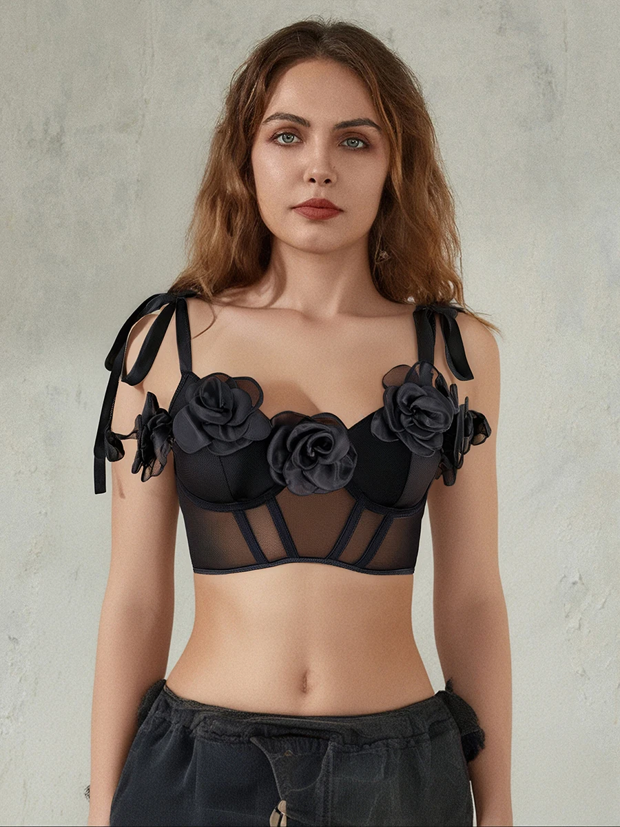 New Fashion Women 3D Flower Lingerie Tops Slim Wired Fishbone V Neck Tie Shoulder Open Back Hook and Eye Sheer Camisole S M L