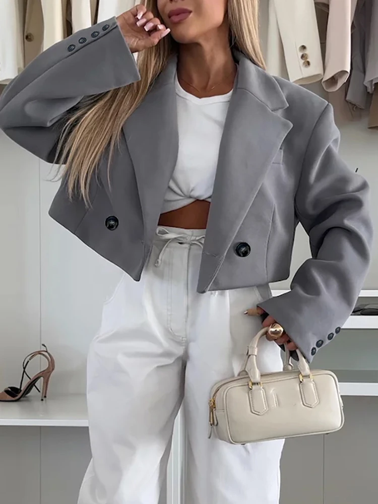 

Women's Simple Solid Color Lapel Short Jackets Autumn Winter High Street Long Sleeved Outerwear Elegant Button Commuting Coats
