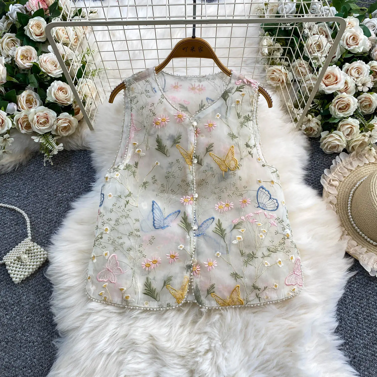 Butterfly Embroidery Beading Women's Vest Coat Summer Sweet Style O-neck Sleeveless Vest Thin Beautiful Commuter Loose Tops