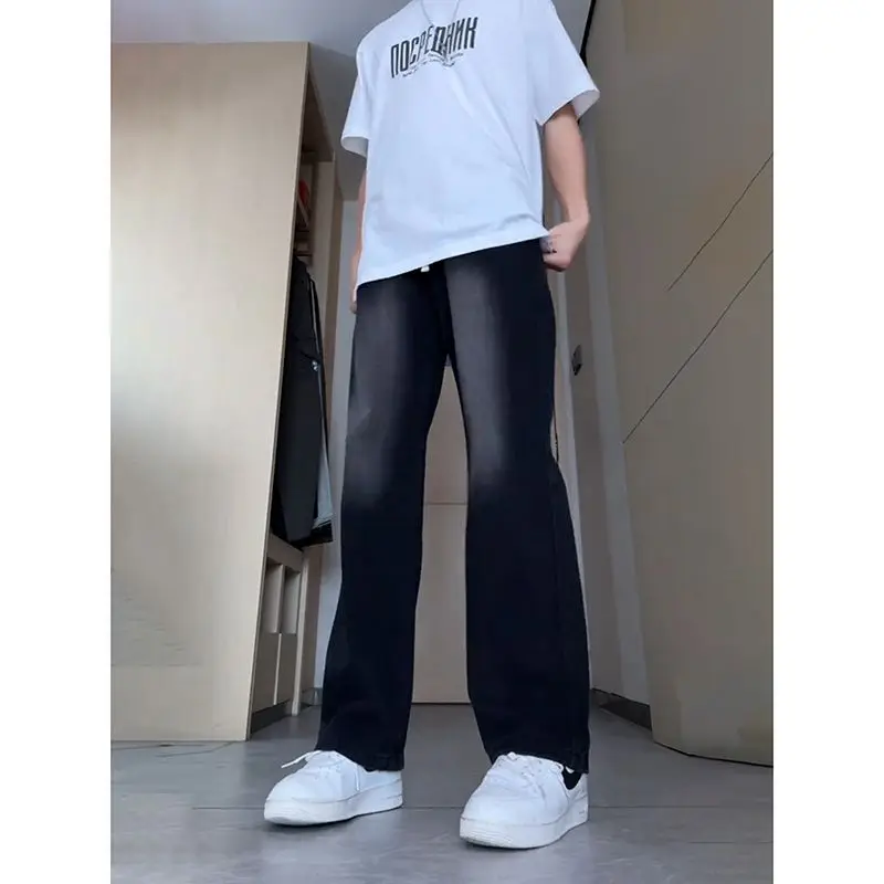 

Джинсы-клеш с высокой талией, мужские брюки с эластичной резинкой на талии, брюки-ножи для похудения в американском стиле High Street Vibe