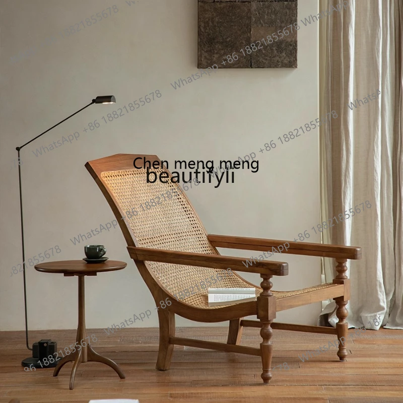 E153 Vintage Wabi-Sabi Style Teak Southeast Asian Rattan Woven Lounge Chair Single Sofa Lamb Wool Recliner