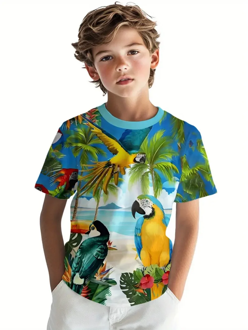 

Kids' Tropical Macaw Parrots Beach Print Short Sleeve T-Shirt Summer Animal Graphic Tee
