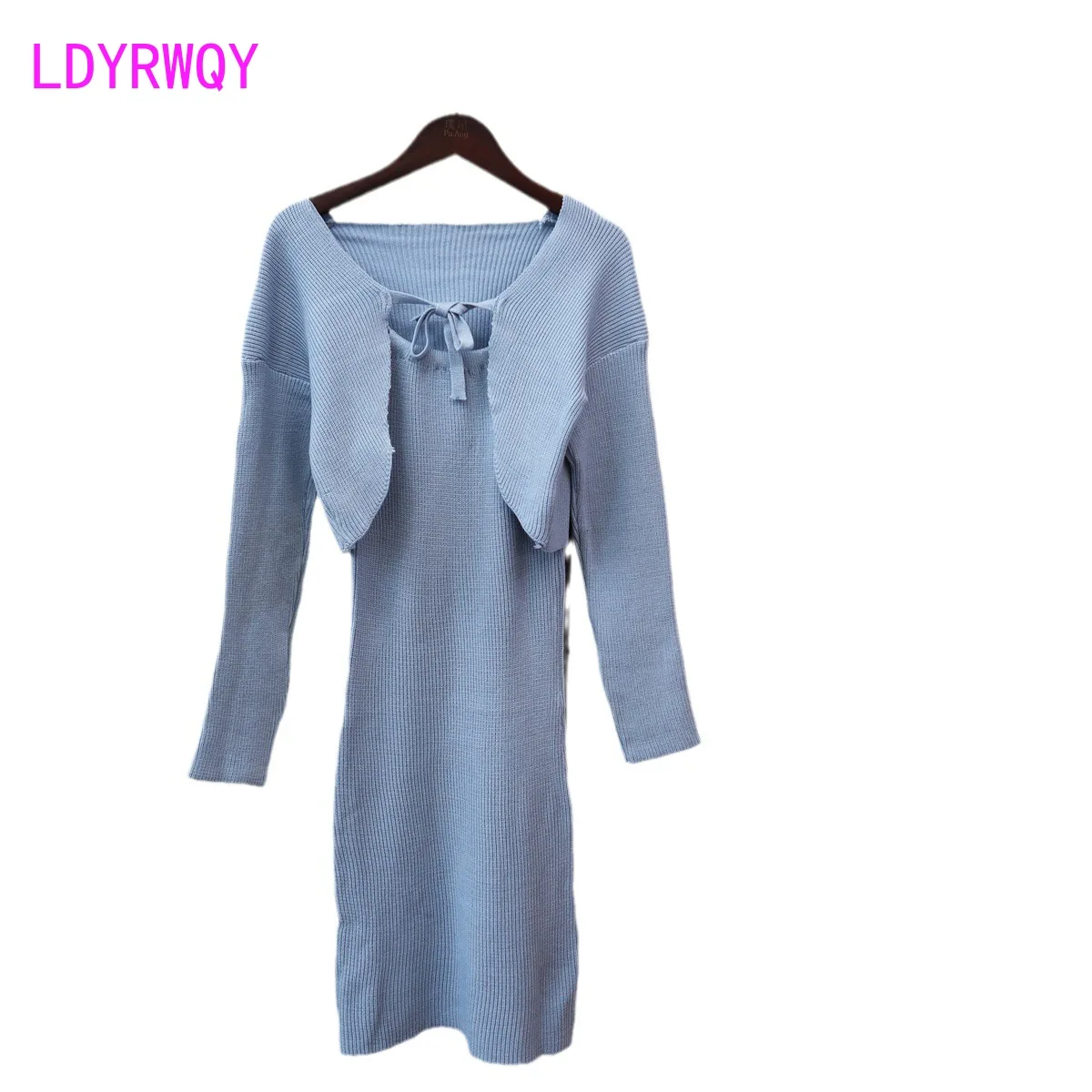 Off Shoulder Hanging Neck Knitted Dress Two Piece Set for Women's New Style Slim Fit Wrapped Hip Skirt Sweater Set