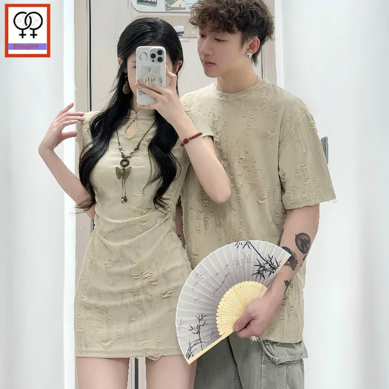 Matching Couple Clothes Outfits Male Female Lovers Holiday Valentine's Date Honeymoon Retro Vintage Cotton T-Shirt Dress