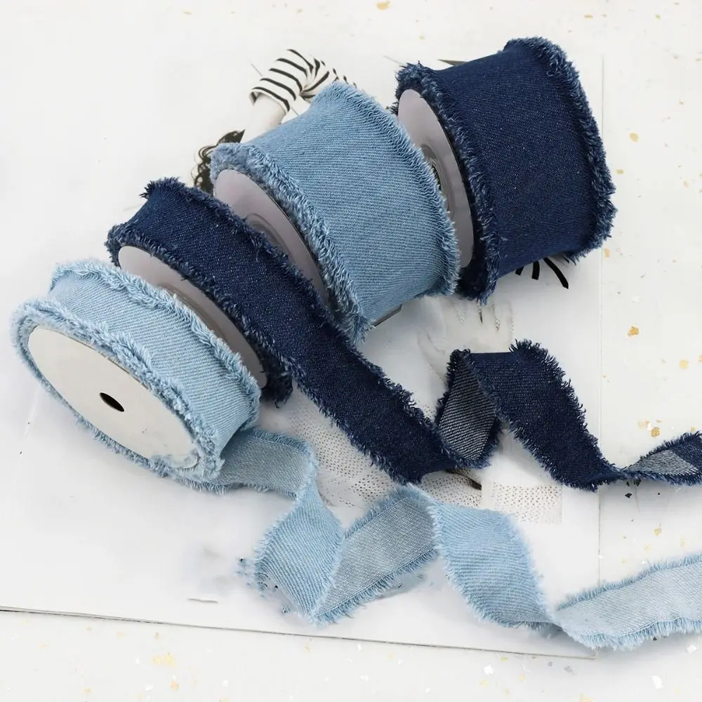 1.5Yards Denim Ribbon Fashion Solid Color Blue Cowboy Jeans Cloth Fabric Hairclip Bows Handmade Fringe Silk Ribbon DIY Sewing