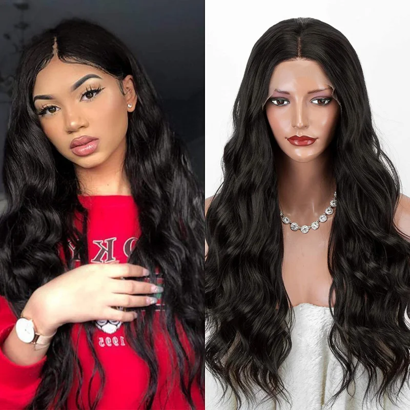 

Women's lace front wig with middle parting and large wavy long curls, synthetic fiber hairpiece