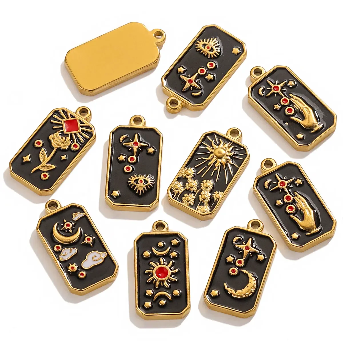 5pcs Stainless Steel Black Enamel Moon Gold Plated Rectangular Tarot Retro Popular Pendant DIY Earrings Necklace Jewelry Making