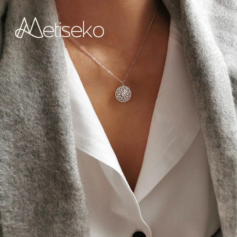 

Metiseko 925 Sterling Silver Sunflower Choker Necklace Retro Court Style Round Pendant Necklace for Women Party Engagement