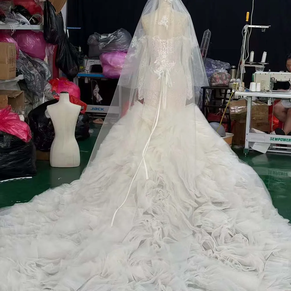 Allure Wedding Dress Ivory Lace Mermaid Customized Long Sleeves Tulle Ruffled Appliques Beading vestidos de novia boda