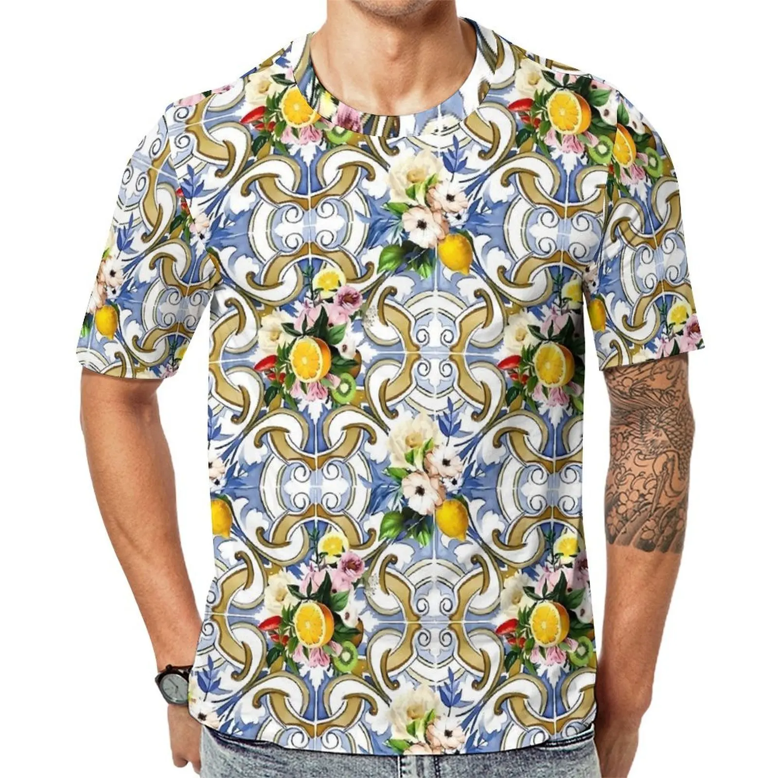 Lemon Retro T Shirt Sicilian Tiles Vintage T Shirts Men Casual Tee Shirt Summer Short Sleeve Pattern Tops Plus Size 6XL