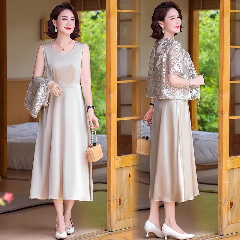 

2025 Ladies Round Neck Lace Long Dresses Middle Aged Mother Fashion Large Size 5XL Vestidos Summer Femme Short Sleeve Maxi Dress
