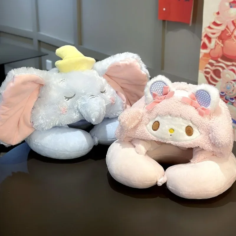 

Sanrio My Melody Plush Pillow Elephant U-shaped Hooded Neck Pillow Stuffed Anime Travel Nap Office Pillow with Hat Girl Gift