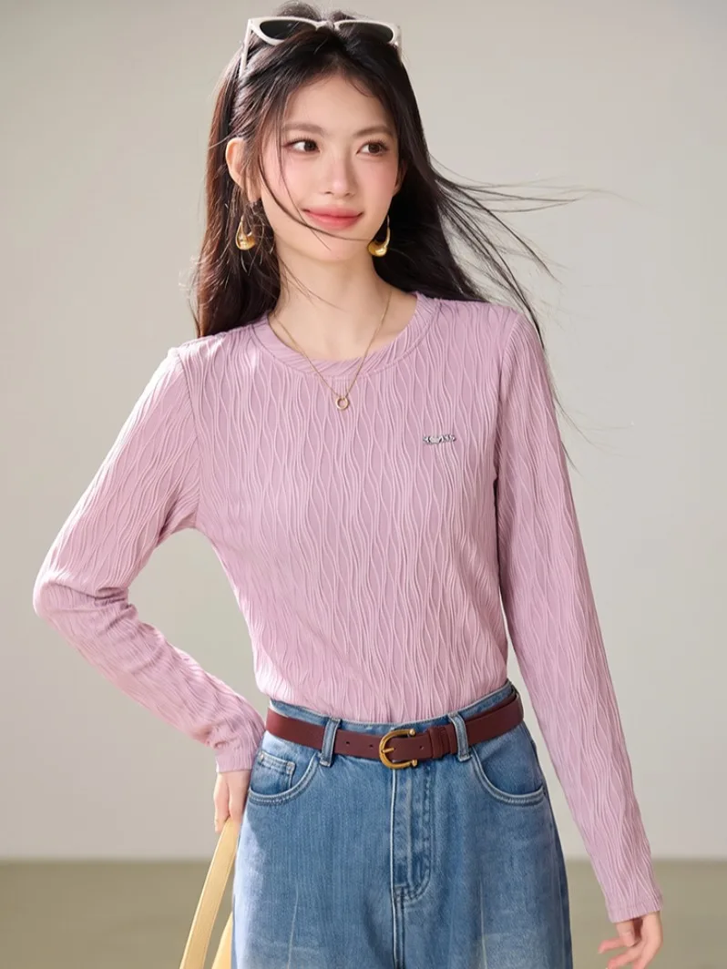 Black Textured Long Sleeve Base Shirt Women's round Neck Wave Pattern Embroidery Slimming Spring Autumn Inner Wear Top