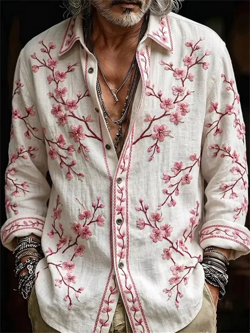New Rice Bottom Blues Ethnic Style Sun Totem Men's Long Sleeve Shirt Pattern Bohemian Casual Shirt Clothing