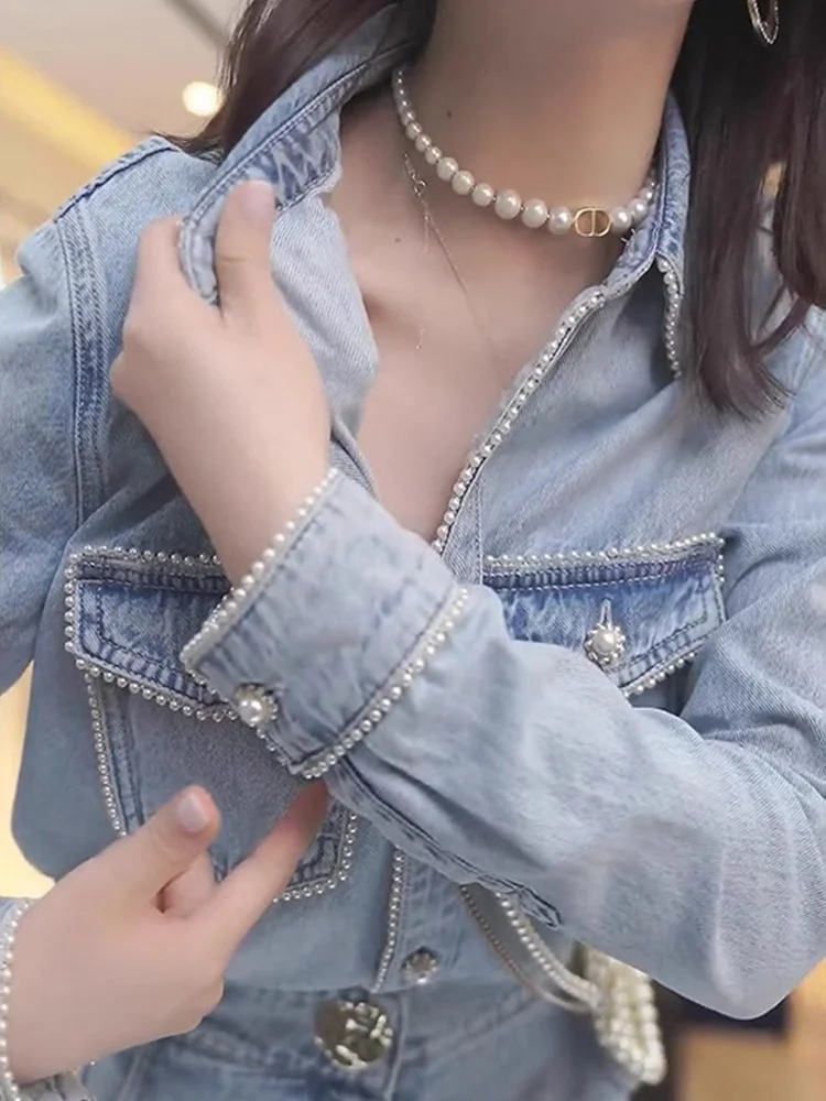 Spring Pearls Beaded Denim Shirts Lapel Single Breasted Diamonds Beading Jeans Blouses Double Pockets Cowboy Cardigan Crop Tops