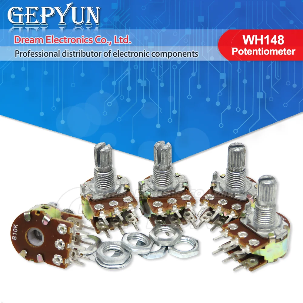 5Pcs WH148 6Pin 1K 2K 5K 10K 20K 50K 100K 500K B1K B2K B5K B10K B20K B50K B500K axis amplifier dual stereo potentiometer 15mm