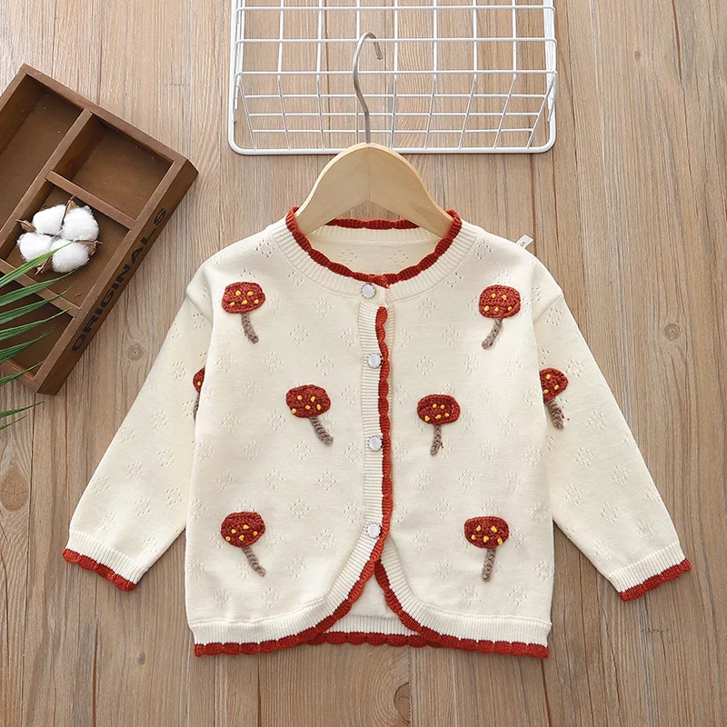 Girl's handmade small mushroom sweater foreign Qi spring new female treasure knitted cardigan spring  autumn children's sweater