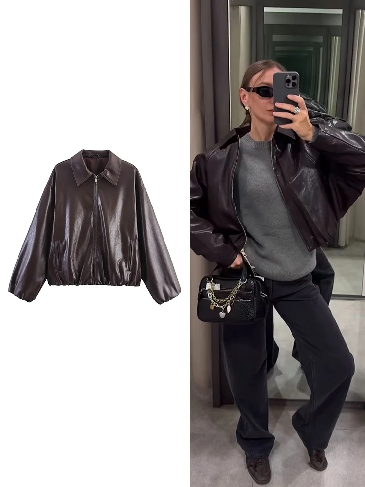 

Женские винтажные куртки-бомберы из искусственной кожи, осеннее новое короткое пальто на молнии с лацканами и длинными рукавами, женская модная уличная одежда 2025