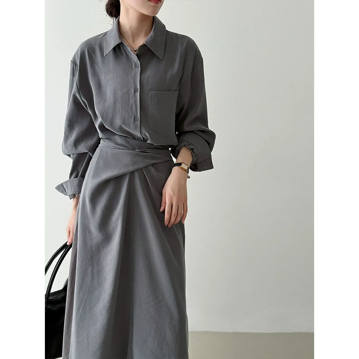 

Intellectual and Gentle Shirt Strap Dress for Women New Autumn Style Irregular Temperament Long Dress