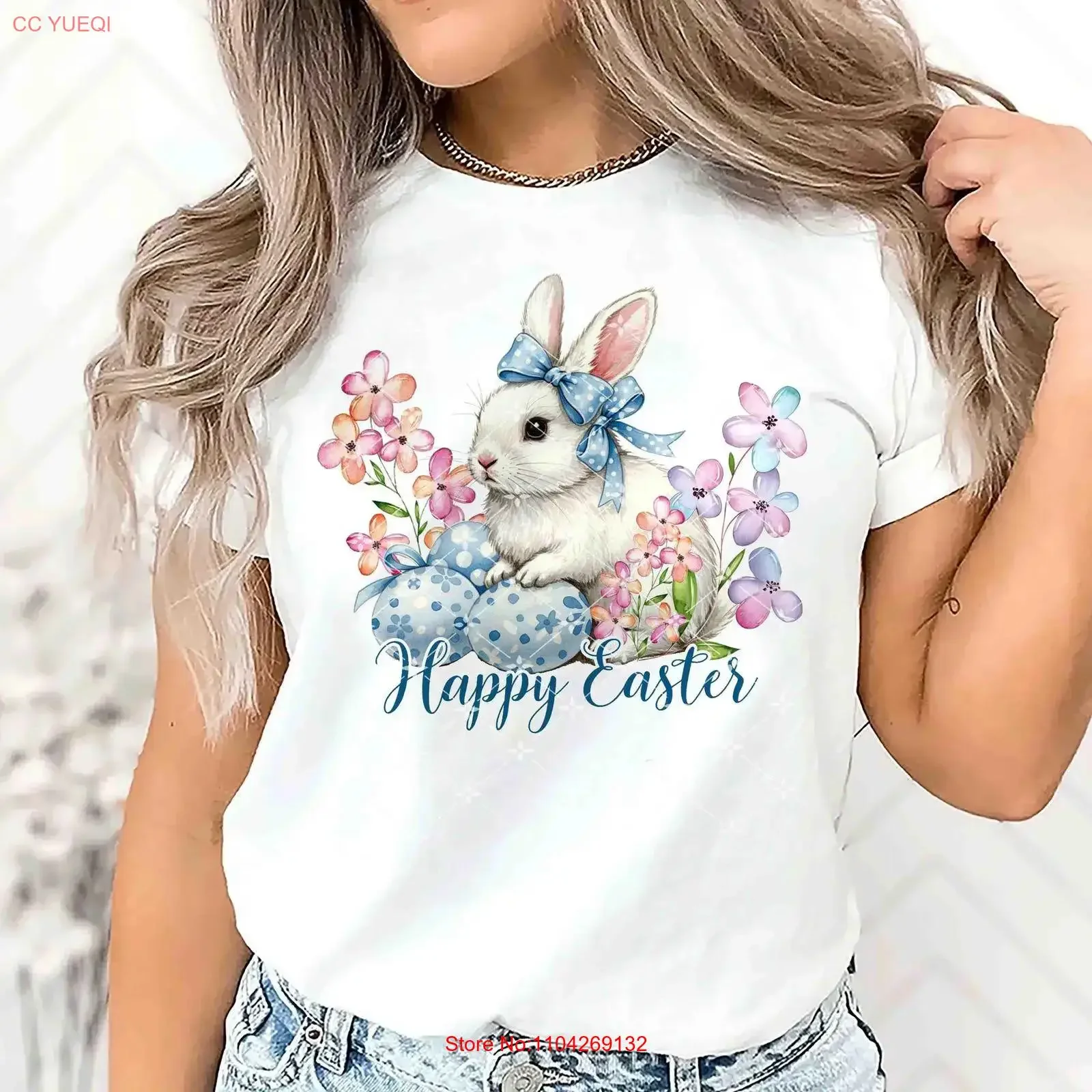 Easter Bunny Coquette T Shirt Grand Millennial Day Blue Floral Chinoiserie Ears SweaT vintage Washed Top For Everyday Wear
