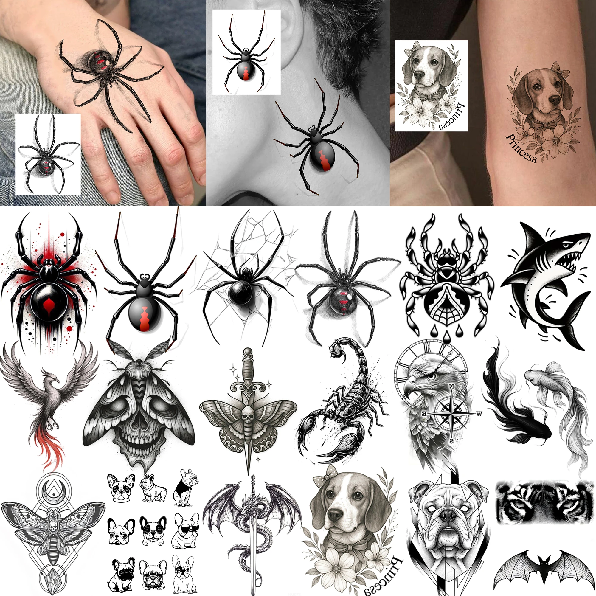 

1 Sheet Halloween Spider Scorpion Tiger Temporary Tattoos For Adult Hands Neck, Fake Tattoo Sticker Long Lasting Realistic Tatoo