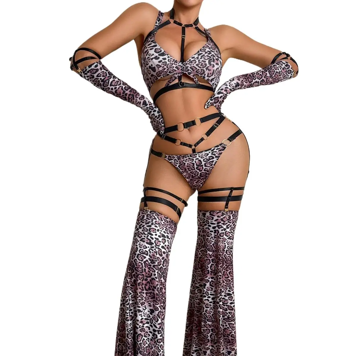 

Leopard Print Strappy Lingerie Set 5pcs Body Harness Cut Out Gloves Thigh Highs Sexy Exotic Role Play Costume Conjunto Lenceria