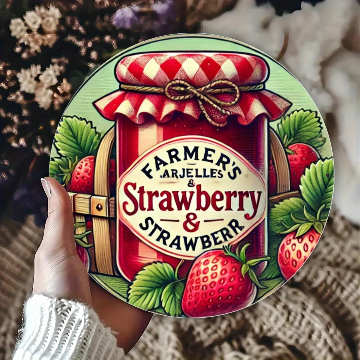 Farmer's Jellies Strawberry Theme Metal Sign - 1 Piece, Vibrant Jelly and Jam Artwork Printed Round Tinplate Wall Decor, Iron Ma