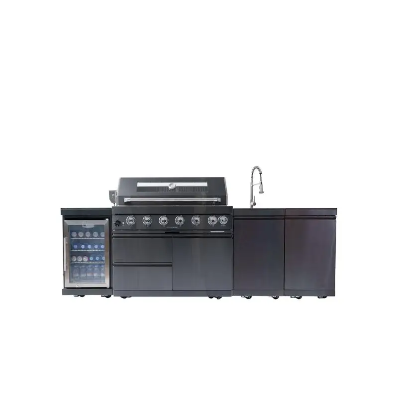 43-Inch 6-Burner Gas Grill Outdoor Kitchen with 85000 BTU, Wine Cooler, Rotisserie Kit, Granite Countertops, and Stainless