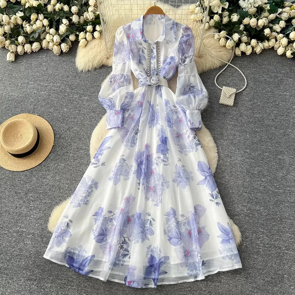 

Fashion Holiday Gorgeous Flower Chiffon Dress Women's Lapel Long Lantern Sleeve Beading Floral Print Belt Boho Robe Vestidos
