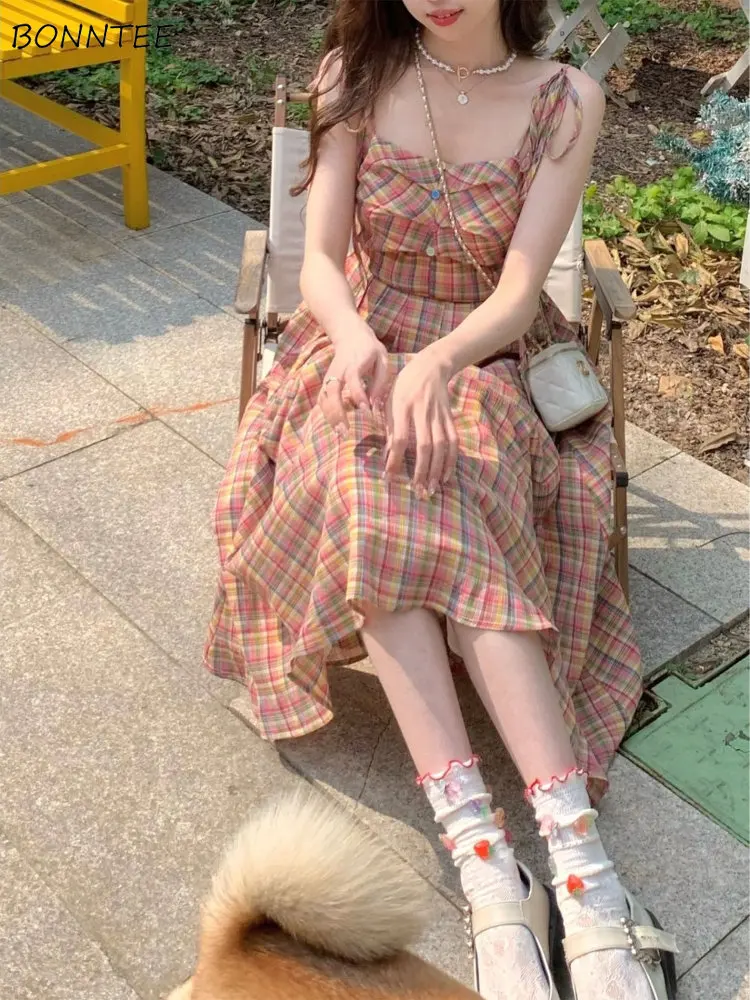 여성용 격자 무늬 스파게티 스트랩 드레스, 카와이 올매치 한국 스타일, 레저 스트리트웨어 패션, 학생 레트로 시크 개성, 신상 