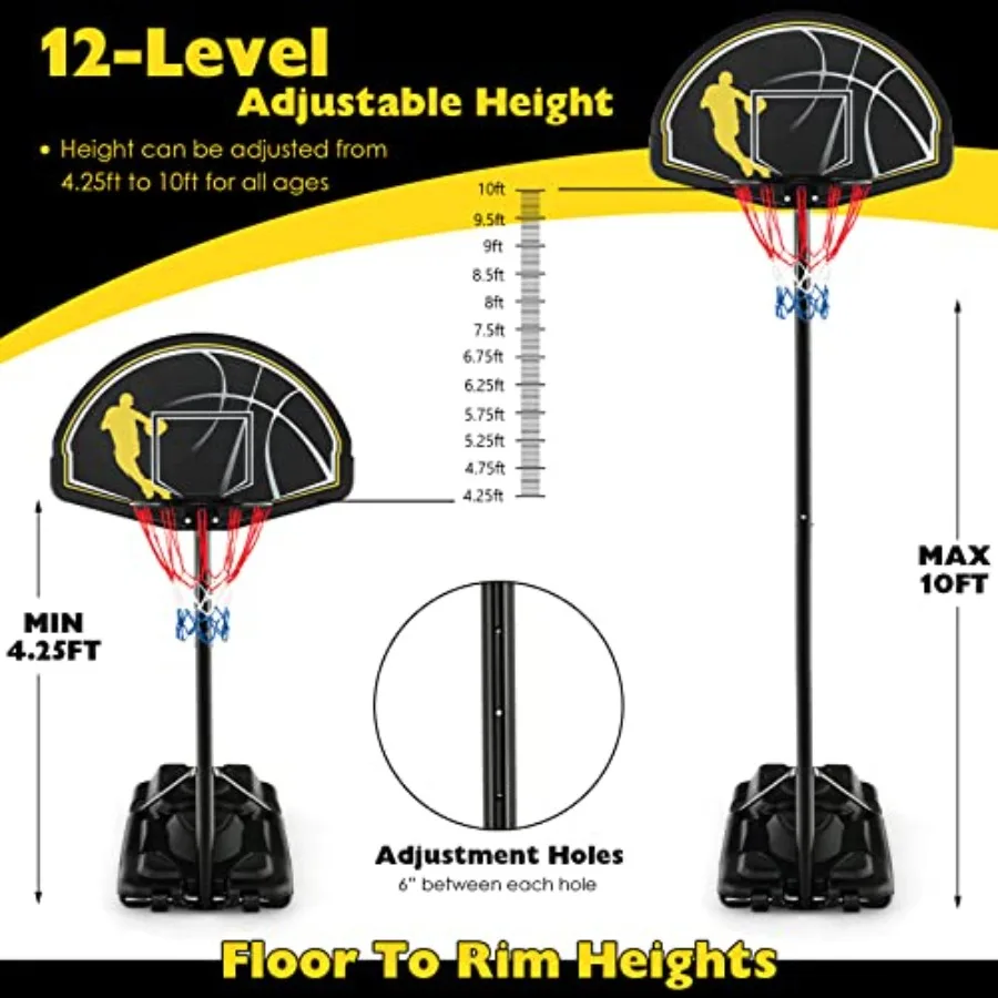 Portable Basketball Hoop for Outdoor and Indoor Use 4.2510FT 12Level Adjustable Height with 44Inch Shatterproof Backboard Filla