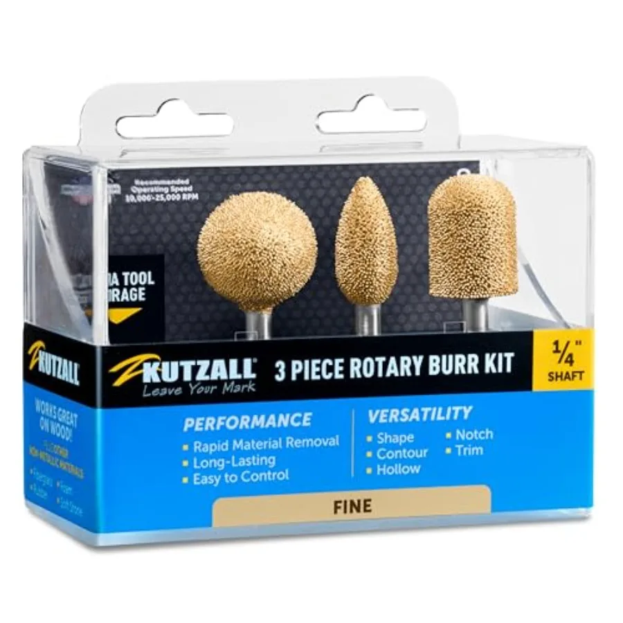 

Kutzall 3-Piece Rotary Burr Kit - 1⁄4" Shaft, - Wood Carving Bits for Bosch, DeWalt, Milwaukee Tools - Structured Tungsten Carb