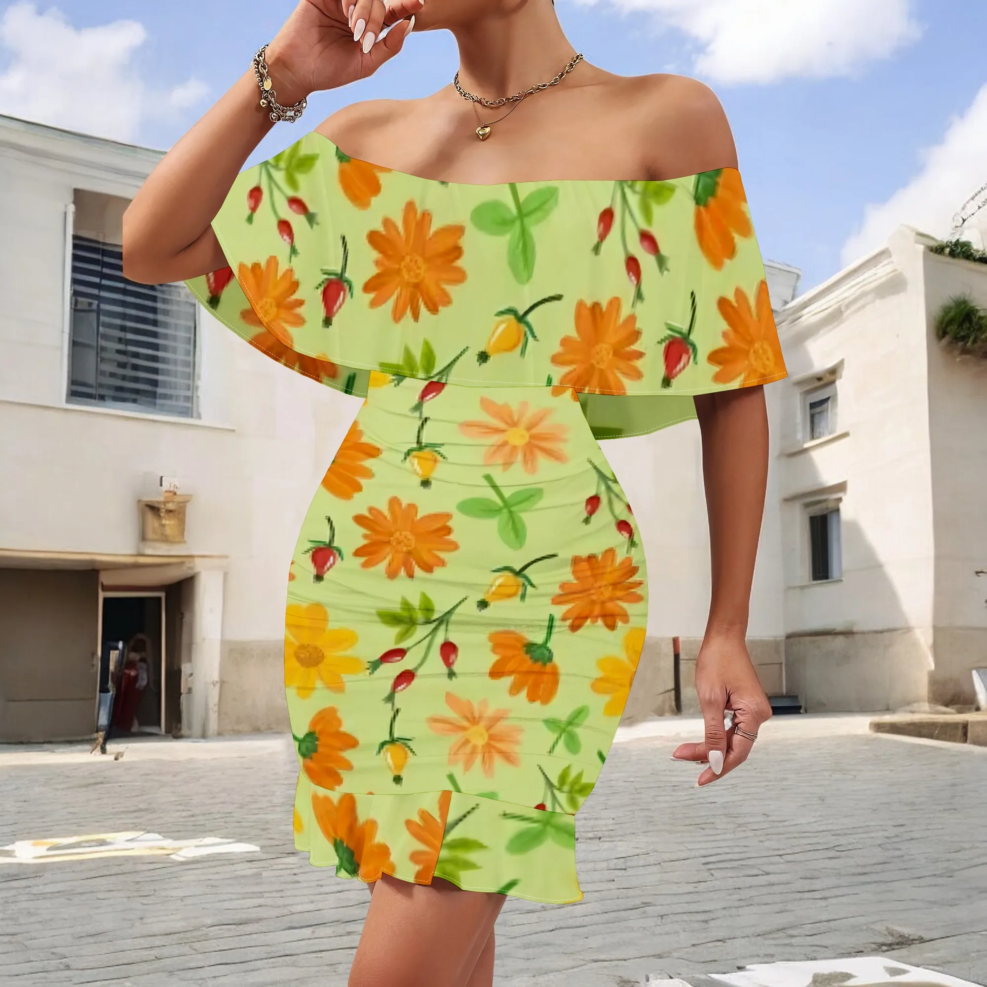 

Yellow Floral Off Shoulder Mini Dress S-3XL Ruffle Overlay Bodycon Style for Garden Party, Brunch or Summer Vacation Look