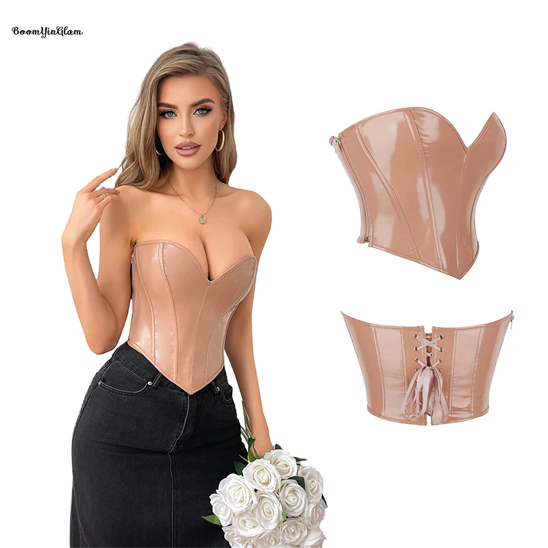 Zip Up Waist Training Corsets 12 Elastic Bones Pvc Leather Corset Top For Women Plus Size Khaki Gothic Corselet