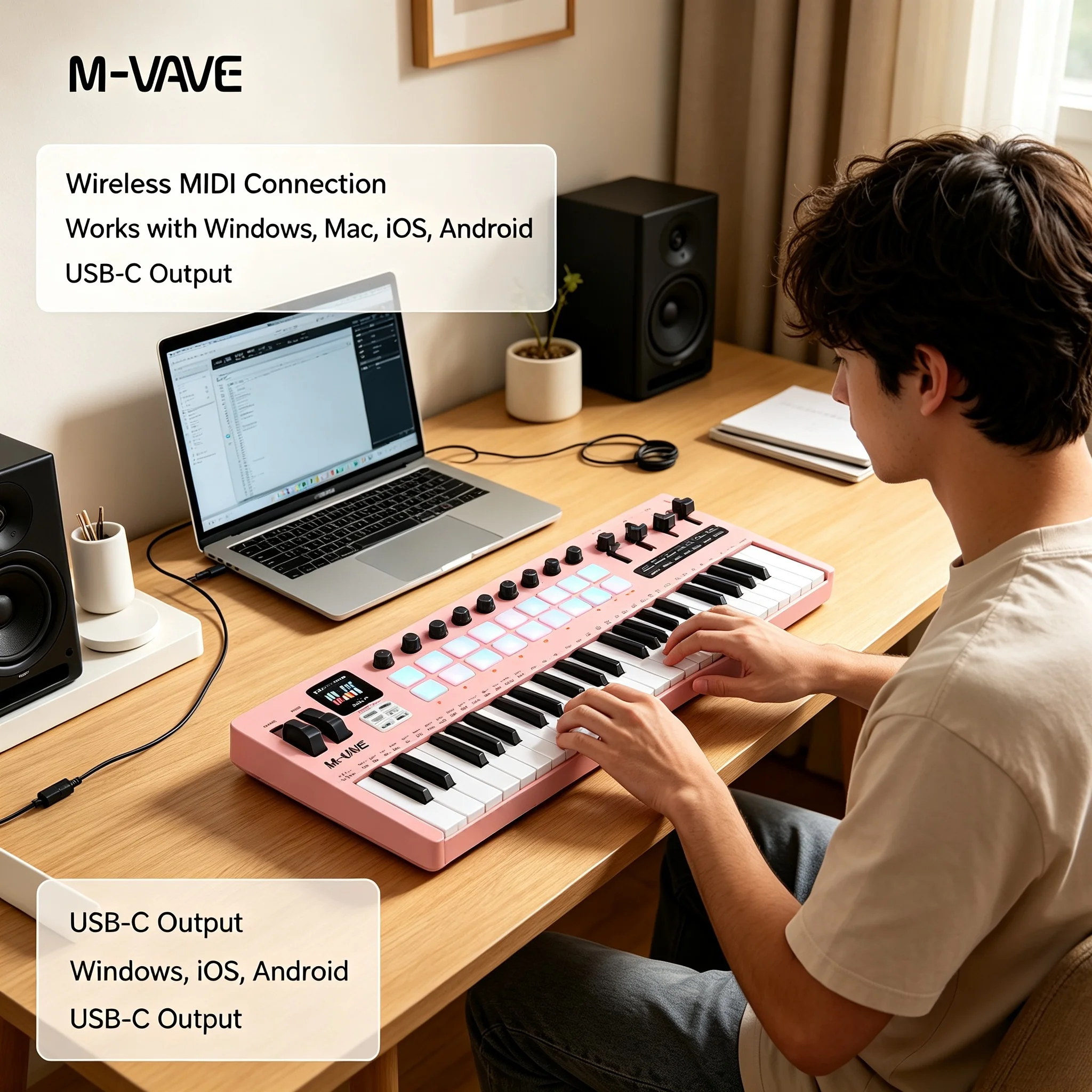 M-VAVE SMK-37 PRO 37-Key Portable MIDI Keyboard 16 RGB Pads 8 Knobs DX-7 FM Engine Bluetooth 5.0 view 3