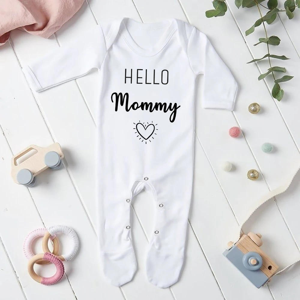 Hello Mommy Daddy Aunt Uncle Print Baby Babygrow Sleepsuit Vest Bodysuit Newborn Coming Home Hospital Clothes Infant Shower Gift