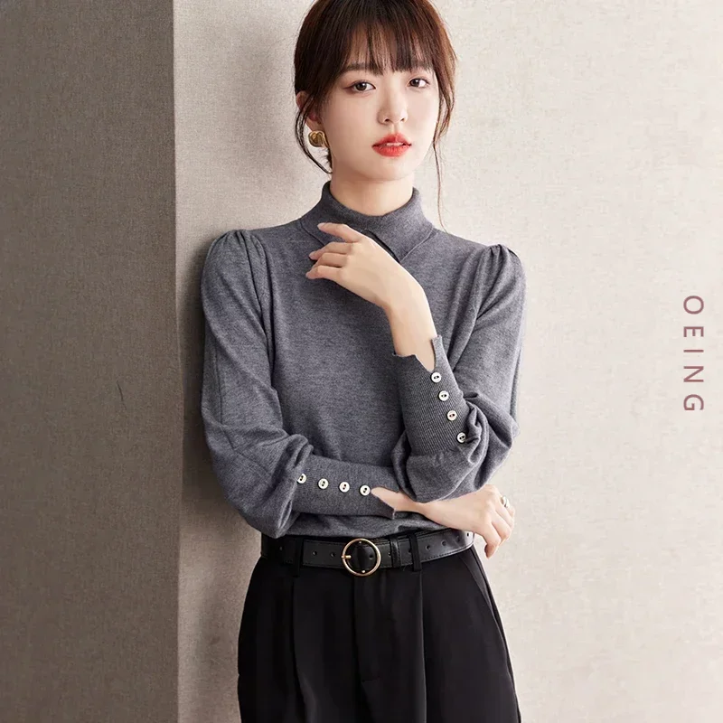 

Women Gray Sweater Half Turtleneck Long Sleeve Slim Casual Elegant Chic Knitted Pullovers Tops Knitwear Autumn Winter D2819