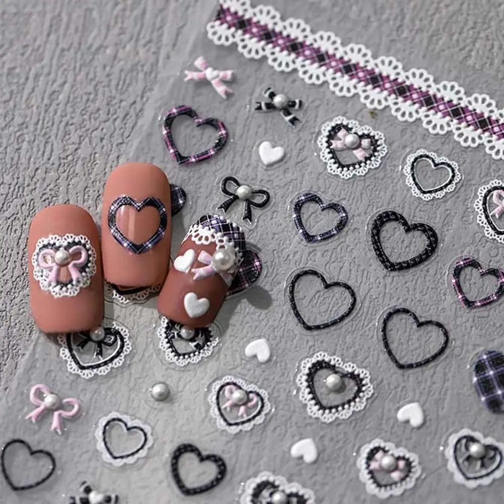 

Pink White Black Lace Lace Bow Nail Stickers Love Heart Pearl Bow Stickers Bowknot Nail Decals Nail Art Supplies