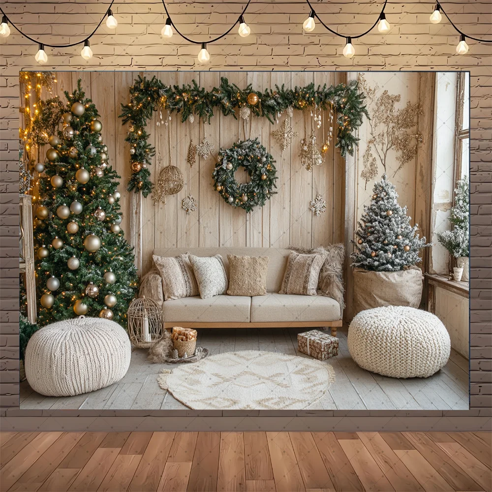 

Gold Christmas Gift Room Background Photography Glitter Candle Xmas Tree Wreath Wooden Backdrop Kid Birthday Family Photo Studio