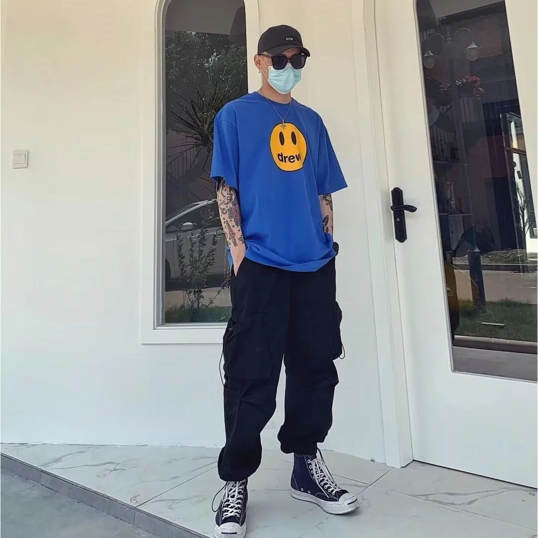 Drew House, nueva ropa para hombre, camiseta con estampado de carita sonriente multicolor, camiseta holgada de manga corta para hombre y mujer, Ropa para hombre