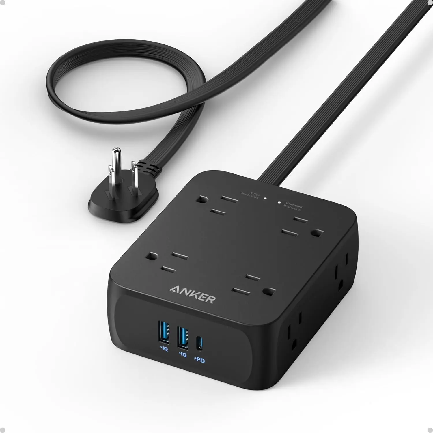 

Удлинитель от перенапряжения с 8 розетками, быстрая зарядка через USB-C, шнур длиной 10 футов, настенный монтаж для домашнего офиса