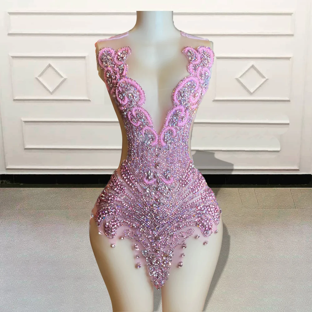 Luxury Pink Crystal Beaded Diamond Short Prom Dresses 2025 for Birthday Party Sexy See Through Black Girls Mini Cocktail Gowns