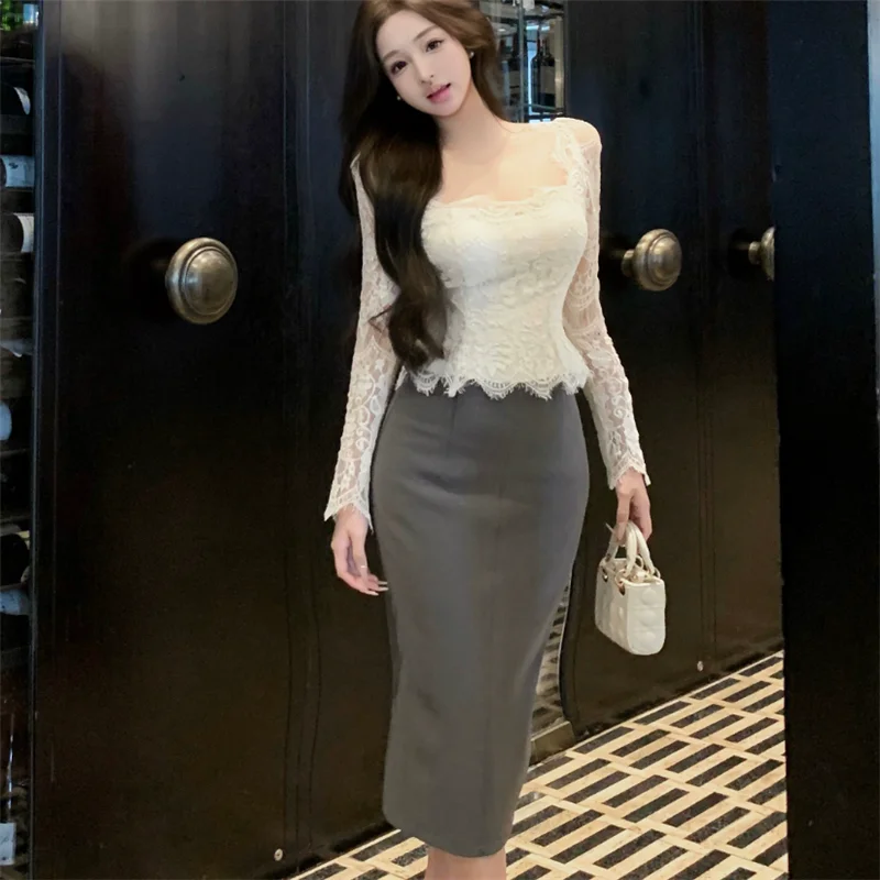 

French Elegant Women Two Pieces Sets New Spring Square Collar Long Sleeve Lace Shirt+Pencil Midi Skirt Office Workwear 2pc Suits