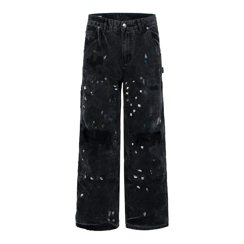 American Retro High Street Ripped Wide Leg Denim Pants for Men Fashion Y2k Vintage Men's Baggy Jeans Japan Korean Streetwear