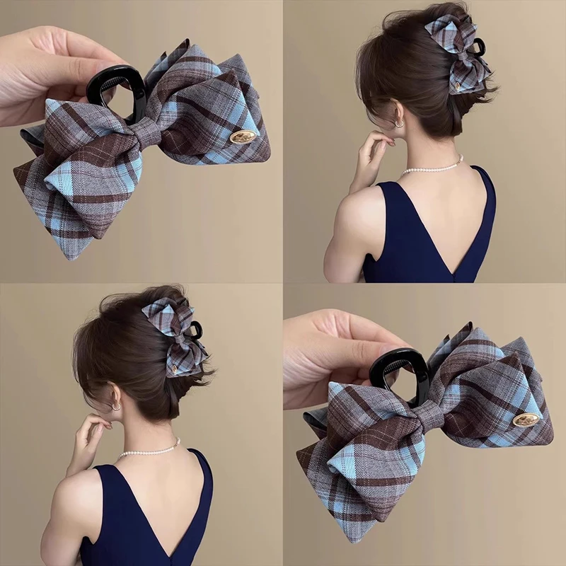 韓国風スクールチェック柄リボンヘアクリップ レディース エレガントアップスタイル シャーククリップ ヘアアクセサリー