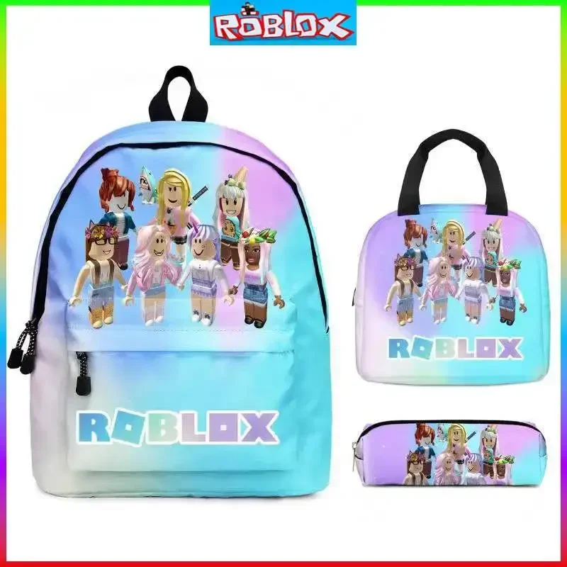 A-SET Roblox Primary and Middle School Students Schoolbag Sports Backpack Lightening Pencil Meal Bag Boys Girls Anime Mochila