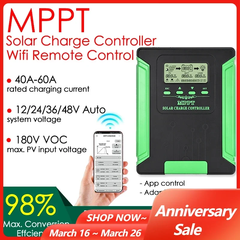 Wifi MPPT Solar Charge Controller 60A 50A 40A 12V/24V/36V/48V Auto Max Solar Input 190VDC Solar Panel Charger Regulator LCD