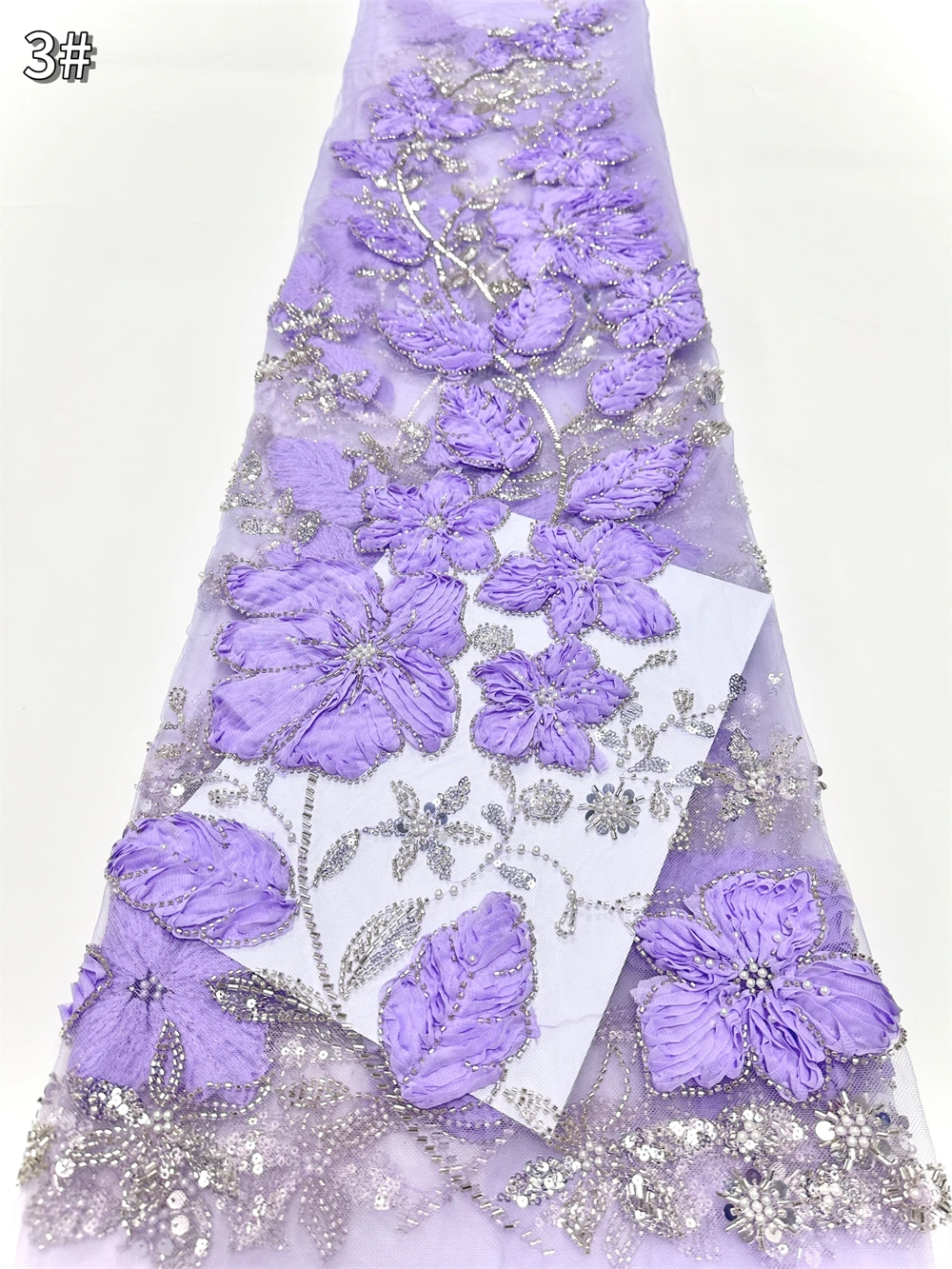 Luxurious African 3D Flower Beaded Mesh Lace Fabric with Sequins French Tulle for Nigerian Wedding Party Dresses Sewing 5 Yards
