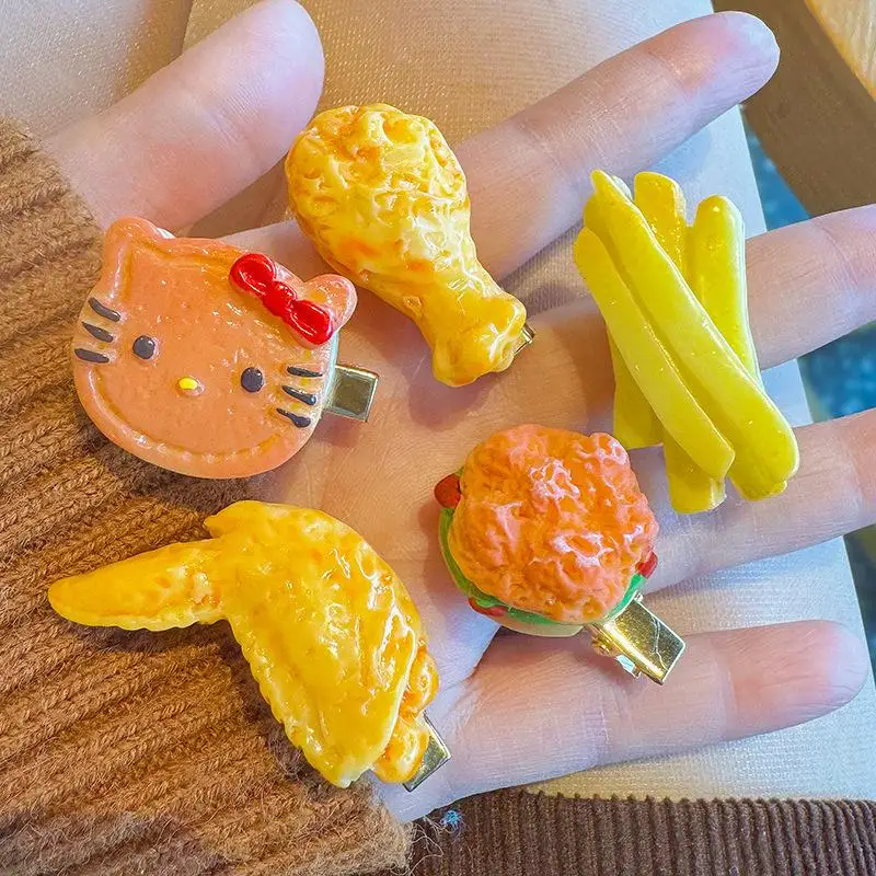 5Pcs Kawaii Hello Kitty Simulation Fries Food Hairpin Funny Hamburg Drumstick Creative Girls Broken Hair Duckbill Clip Headgear