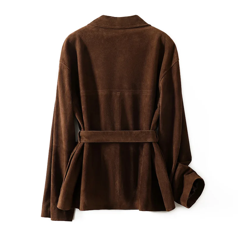 Veste en daim naturel automne femmes nouveau français élégant rétro revers ceinture mince moyen à Long manteau en daim peau de chèvre femme Ropa Mujer